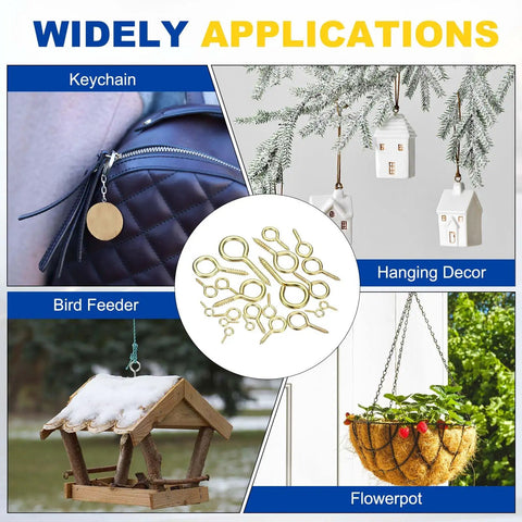 No Mess Heavy Gold Screw Eye Hooks Four Count Featuring Knockout Carbon Steel Build shown in various applications like keychains and bird feeders.