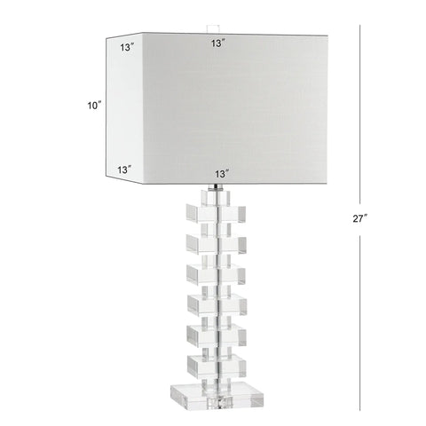28 Inch Clear Geometric Stacked Crystal Table Lamp With White Linen Shade Modern Glam Bedside Light For Living Room Or Bedroom LED Bulb Included ETL Listed