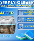 Before and after images of a washer drum showing cleaning results using Heavy Duty Washer Cleaning Tabs For Pet Houses Dissolves Fur And Gunk Quick Erases Foul Smells In Front Or Top Load He Washers Comes With 28 Packs For A Year Of Zero Hassle Laundry Day Flex.