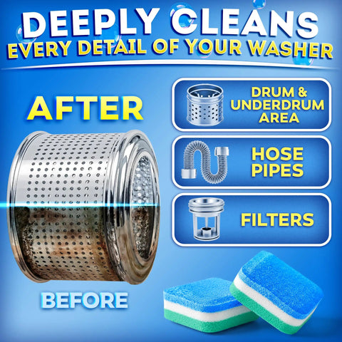 Before and after images of a washer drum showing cleaning results using Heavy Duty Washer Cleaning Tabs For Pet Houses Dissolves Fur And Gunk Quick Erases Foul Smells In Front Or Top Load He Washers Comes With 28 Packs For A Year Of Zero Hassle Laundry Day Flex.