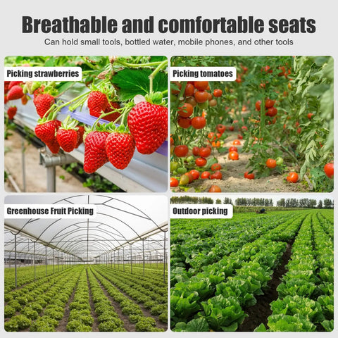 Collage of strawberry, tomato, greenhouse, and outdoor vegetable picking for ergonomic gardening seat use