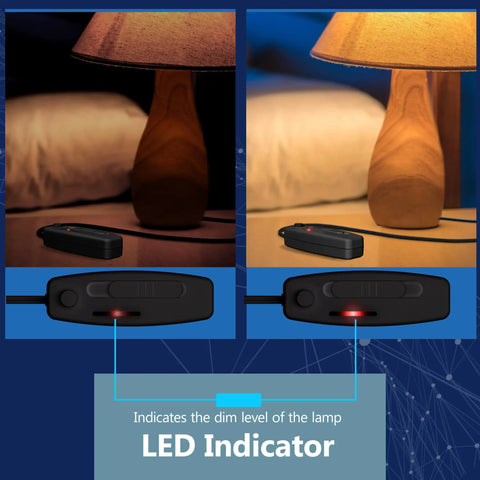 Heavy Duty Tabletop Lamp Dimmer Switch With No Sweat Plug And Play Setup For Smooth Brightness Control On CFL And LED Fixtures Up To Two Hundred Watts total, showcasing LED indicator on control.