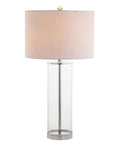 Clear Chrome Modern Glass Table Lamp For Living Room And Bedroom Slick Minimalist Nightstand Bedside Light With White Linen Drum Shade LED Bulb Included ETL Listed For Safe Clean Look