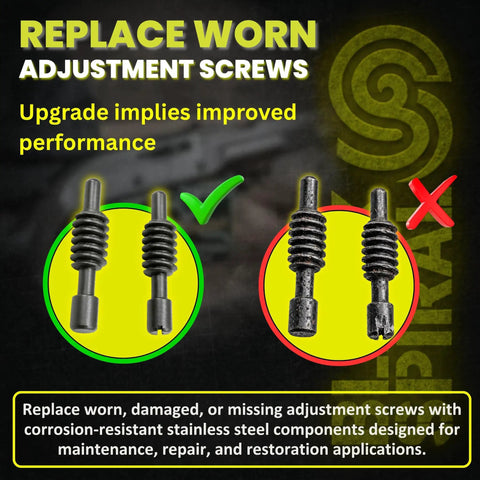 Black Steel Adjustment Screws For Nylon 66 And Nylon 77 Rifle Models Durable Replacement Hardware 2 Pack Set Precision Fit For Easy Install Built Tough For DIY Gunsmithing Upgrades; two screws, worn vs new
