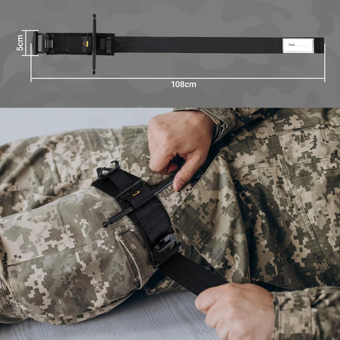 Black IFAK trauma kit with tourniquet mounted on a MOLLE strap, 108 cm long, worn on camouflage uniform forearm