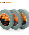 Six Inch Eighty Grit Green Silicon Carbide Bench Grinder Wheel One Half Inch Arbor Hole, showing three grit levels for metal work.