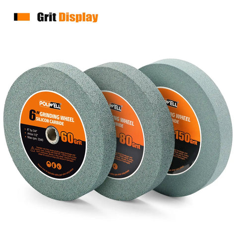 Six Inch Eighty Grit Green Silicon Carbide Bench Grinder Wheel One Half Inch Arbor Hole, showing three grit levels for metal work.