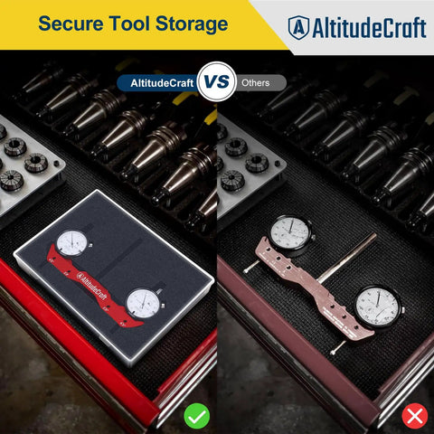 Pro Grade Dope Mill And Lathe Tramming System With Dual 0.001 Inch Dial Indicators, stored in protective case next to tools