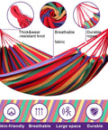 Two Piece Cotton Canvas Hammock Set For Outdoors Easy Setup With Carry Bag Large Double Hammock Supports Up To 400lbs Portable Camping Hammocks With Sturdy Ropes And Tree Straps For Patio Garden Backyard Red featuring striped design, thick knots, and breathable fabric.
