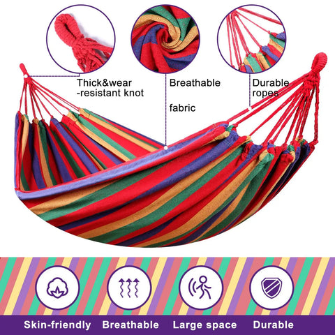 Two Piece Cotton Canvas Hammock Set For Outdoors Easy Setup With Carry Bag Large Double Hammock Supports Up To 400lbs Portable Camping Hammocks With Sturdy Ropes And Tree Straps For Patio Garden Backyard Red featuring striped design, thick knots, and breathable fabric.