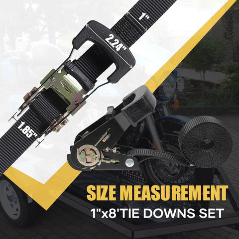 Heavy Duty Endless Ratchet Straps No Hook Setup One Inch By Eight Feet 1860 Pound Break Strength showing size measurements.
