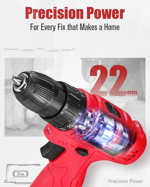 12V Cordless Drill Kit With 3/8 Inch Keyless Chuck, 1400 RPM High Speed, Precise Torque Control For Quick DIY Projects
