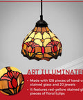 Vintage Tiffany Style Hanging Lamp With Red Floral Tulips 8 Inch Stained Glass Pendant Featuring 128 Hand Cut Pieces And 20 Jewels UL Listed LED And CFL Compatible E26 60W Bulb Not Included