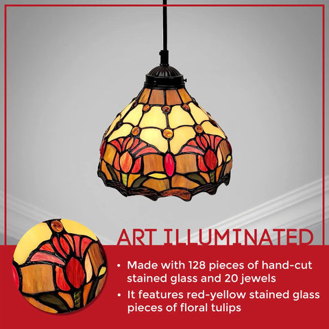 Vintage Tiffany Style Hanging Lamp With Red Floral Tulips 8 Inch Stained Glass Pendant Featuring 128 Hand Cut Pieces And 20 Jewels UL Listed LED And CFL Compatible E26 60W Bulb Not Included