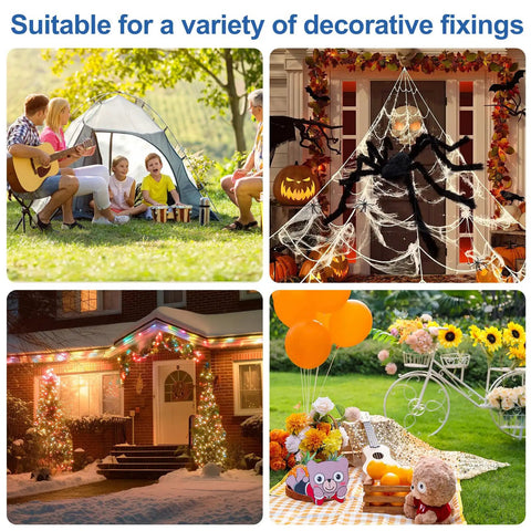 Collage of outdoor scenes: family camping, Halloween decorations, holiday lights on house, and garden picnic with decorations