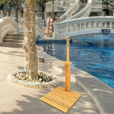 Portable Wood Outdoor Shower Kit For Backyard Poolside And Beach Use, Freestanding Shower With Sturdy Wood Frame, Grab And Go Setup, Perfect For Pools, Gardens, Patios, Spas, And Campers After Swim