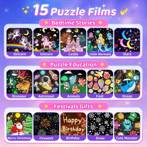 15 puzzle films for Unicorn Night Light Projector For Kids Room, 360 Degree Rotation With Remote, 21 Colors And 3 Brightness Modes
