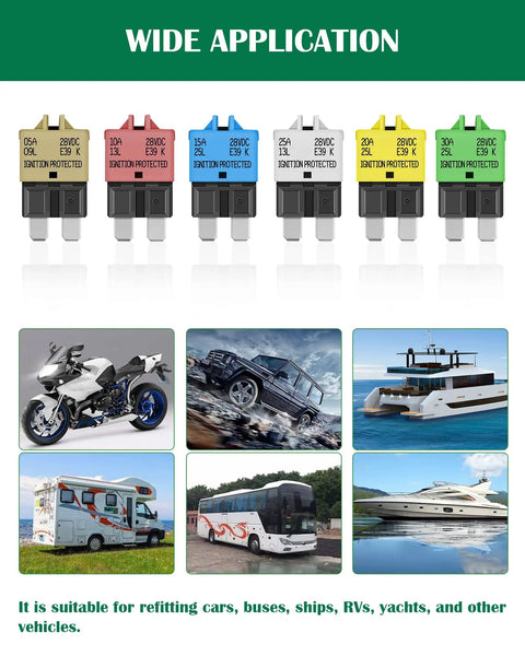 Manual Resettable Blade Fuse Kit With 5A 10A 15A 20A 25A 30A ATC ATO Fuses For Cars Boats Trucks And SUVs 28VDC ABYC images.