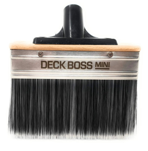 Deck Boss Mini 6 Inch Deck Stain Brush Applicator for water and oil based coatings, wooden handle, black bristles.
