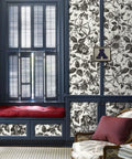 Room with Floral Vintage Peel And Stick Wallpaper With Rose Design Removable Vinyl For Walls, blue cabinetry, and red cushions.