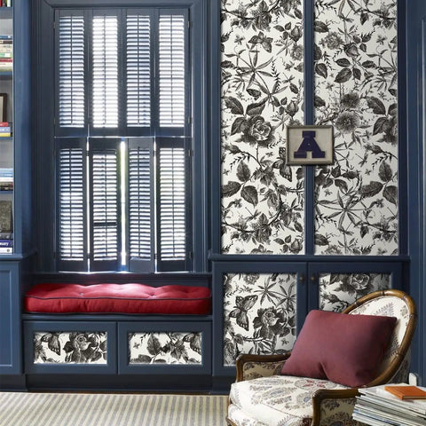 Room with Floral Vintage Peel And Stick Wallpaper With Rose Design Removable Vinyl For Walls, blue cabinetry, and red cushions.