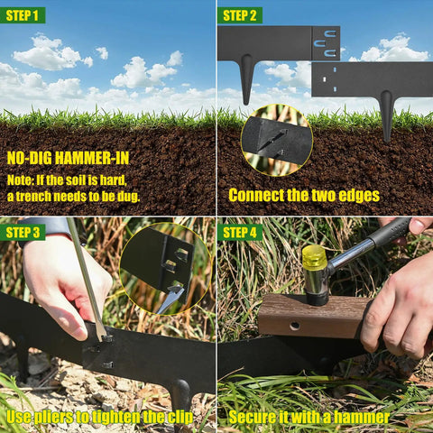 Installation steps for Metal Garden Edging For Landscaping 33 Ft Pack With Wrench And Gloves Included Easy Install Borders