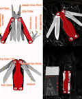 15-In-1 Spring Loaded Multitool Pliers With Thickened Hardened Steel, Red tool with various attachments on a black surface