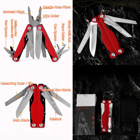 15-In-1 Spring Loaded Multitool Pliers With Thickened Hardened Steel, Red tool with various attachments on a black surface