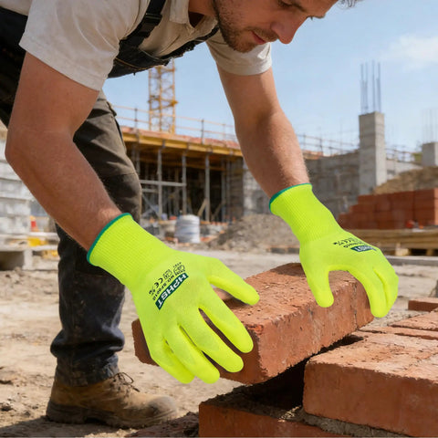Man wearing Heavy Duty Micro Foam Nitrile Work Gloves With Hella Breathable 15 Gauge Nylon Shell And Killer Tiger Stripe Grip For Auto Repair And Precision Mechanical Assembly Tasks Pack Of Three X Large while placing bricks at a construction site.