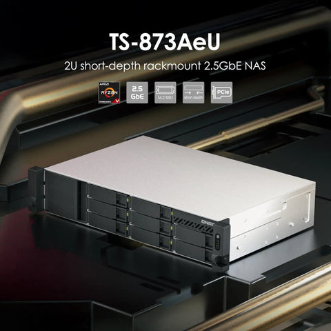 8 Bay Rackmount Nas Powerhouse Featuring Amd Ryzen Embedded V1500b Processor, 2U short-depth design with dual 2.5GbE ports for efficient data handling.