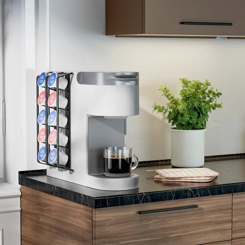 Side Mount K Cup Holder For Keurig Adhesive Metal Pod Organizer Matte Black Finish 2 Pack Keeps 10 K Cups Handy And Neat Space Saving Counter Mount For Keurig Coffee Makers attached to a coffee maker on a kitchen counter