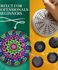 Rock Painting Kit With Dotting Tools And Stencils And Acrylic Paints For Easy At Home Relaxing DIY Arts And Crafts Includes 5 Wooden Rocks 6 Mandala Stencils 12 Vibrant Colors And All The Dotting Tools For Adults And Women displayed with painted mandala designs