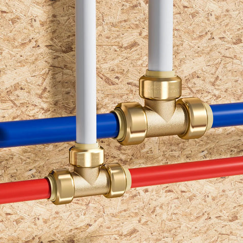 Three Quarter Inch Pex Tee Push Fit Plumbing Fitting Brass Push To Connect 12 Pack shown in water line installation