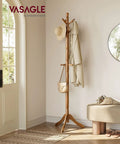 Solid Wood Coat Rack With Ten Hooks Free Standing Hall Tree For Hats Bags Purses Entryway And Hallway Rubberwood Caramel Brown Heavy Duty Stable Design With 2 Inch Thick Pole And Wide Tri Leg Base in room corner with coat and hat