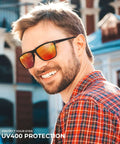 Man wearing polarized sunglasses for men with UV400 protection, lightweight and durable, built for driving, fishing, and golf.