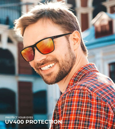 Man wearing polarized sunglasses for men with UV400 protection, lightweight and durable, built for driving, fishing, and golf.