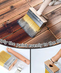 Close-up of 3-Piece Deck Stain Brush Set for Limewash and Wood Stain applying stain to wooden deck surface.