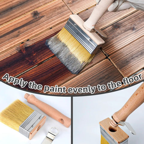 Close-up of 3-Piece Deck Stain Brush Set for Limewash and Wood Stain applying stain to wooden deck surface.