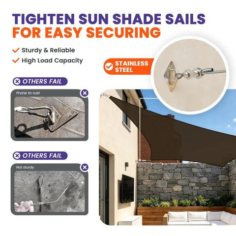 Shade Sail Hardware Kit With 24 Foot Stainless Steel Wire For Rectangle Sun Shade Installation, Rugged 304 Stainless Rigging For Outdoor Patio Canopies, Easy Mount, Weather Resistant, Secure Support, No Fuss, Long Lasting. stainless steel cable tension kit securing a rectangle patio shade sail