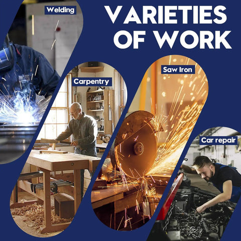 Collage of metalworking, carpentry, and car repair, featuring sparks and machinery with text 'Varieties of Work.'