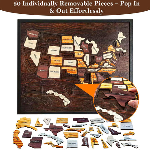 USA Travel Map Puzzle With 50 Removable State Pieces, Double Layer Engraved Wood Wall Art, 12x10 Inch