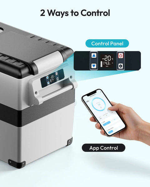 Control panel and app interface for Solid Forty Eight Quart 12 Volt Compressor Portable Fridge And Freezer.