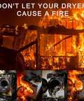 Burning house and dryers with text warning about fire hazards from blocked vents needing Pro Grade Dryer Vent Cleaning Kit With Flexible Hose And Vacuum Adapter, Lint Removal Tool For Home Vents, Dryer Vent Vacuum Attachment That Fits Most Vacuums, Easy Deep Reach Cleaning For Quick Lint Busting.