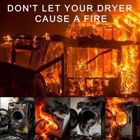 Burning house and dryers with text warning about fire hazards from blocked vents needing Pro Grade Dryer Vent Cleaning Kit With Flexible Hose And Vacuum Adapter, Lint Removal Tool For Home Vents, Dryer Vent Vacuum Attachment That Fits Most Vacuums, Easy Deep Reach Cleaning For Quick Lint Busting.