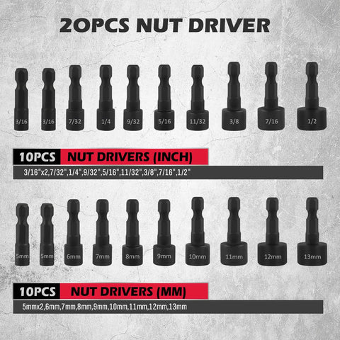 20pcs nut driver set including inch and mm sizes from the 260-Piece Do It All Magnetic Security Bit Set With Ratchet Wrench