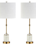 27 Inch Marble And Brass Gold Table Lamps Set Of 2 With Crystal Column Design White Linen Drum Shades Lit Modern Glam Lighting