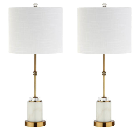 27 Inch Marble And Brass Gold Table Lamps Set Of 2 With Crystal Column Design White Linen Drum Shades Lit Modern Glam Lighting