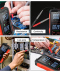 Collage of Workhorse USB C Rechargeable True RMS Multimeter with 6000 Counts showing resistance, continuity, live wire, temperature testing.