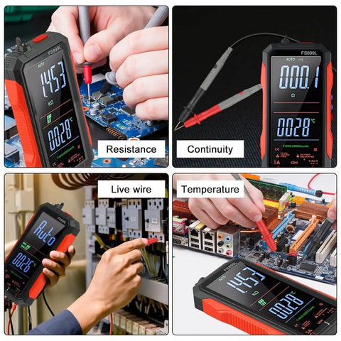 Collage of Workhorse USB C Rechargeable True RMS Multimeter with 6000 Counts showing resistance, continuity, live wire, temperature testing.