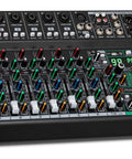 Ten Channel Studio DJ Mixer With Bluetooth And XLR Combo Mic Inputs USB MP3 Playback PC Recording DSP Effects LED Level Meters Smooth Dials And Faders For Live Shows Home Studio And Podcast Setups, angled top view